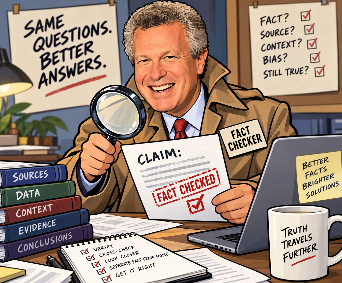 Alan examines a claim with a magnifying glass, surrounded by fact-checking notes and books about sources, data, and evidence.